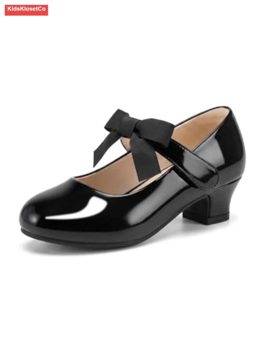 Girls Patent Faux Leather Mary Jane Low Heel Bow Dress Shoes